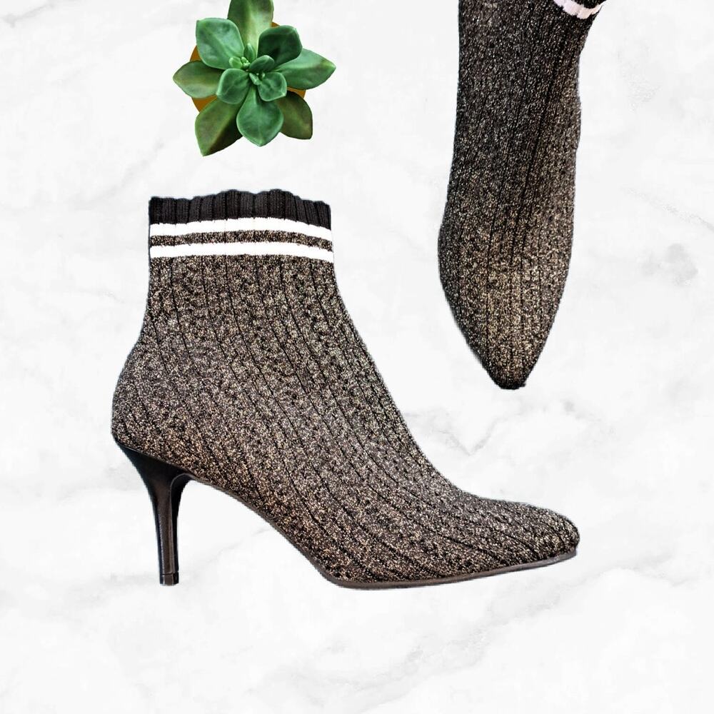 STUART WEITZMAN Waverly Knit Sock Ankle Booties 7.5 Metallic Black Gold